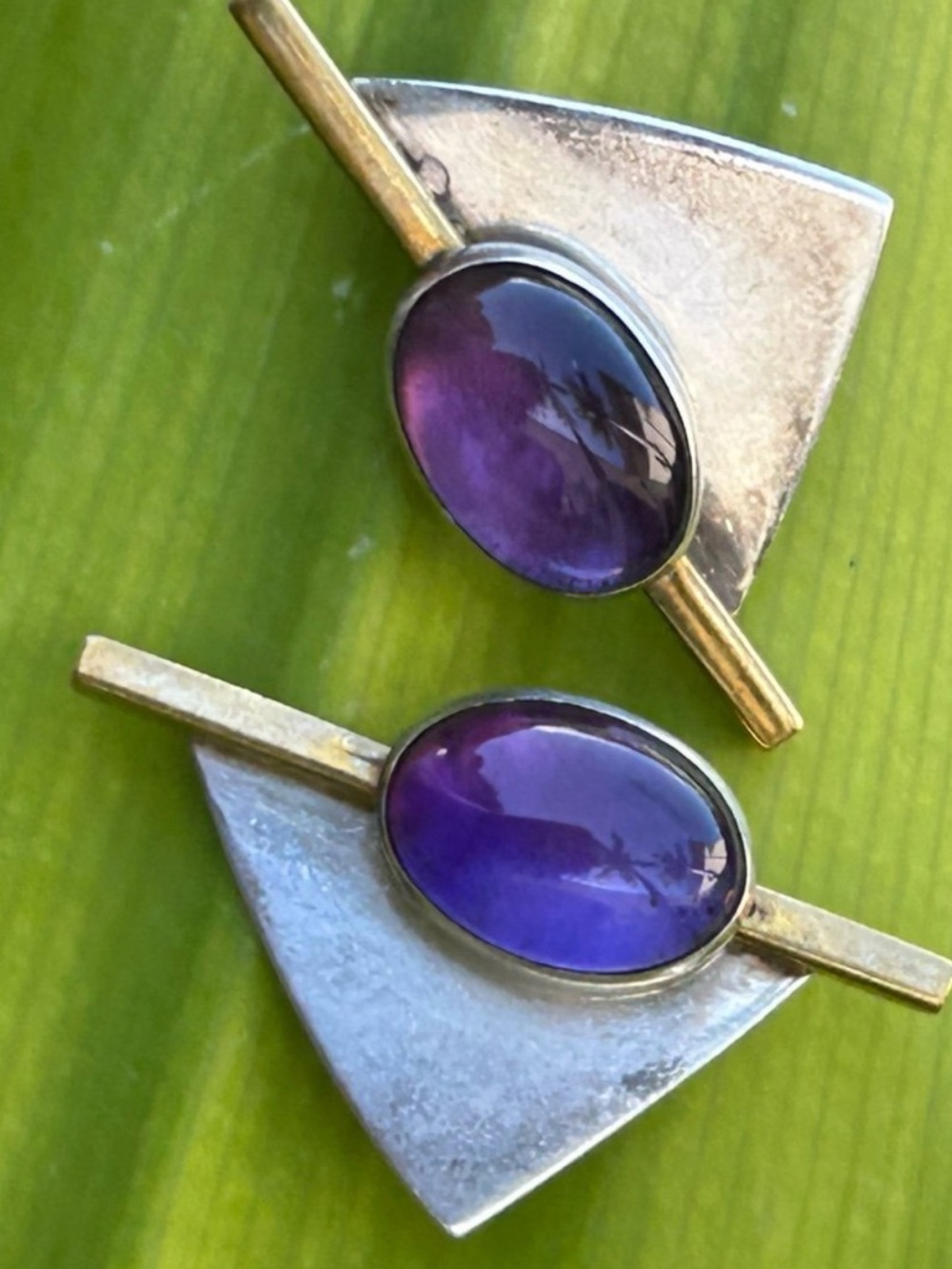 Vintage artisan Modernist sterling silver Amethyst posted Earrings